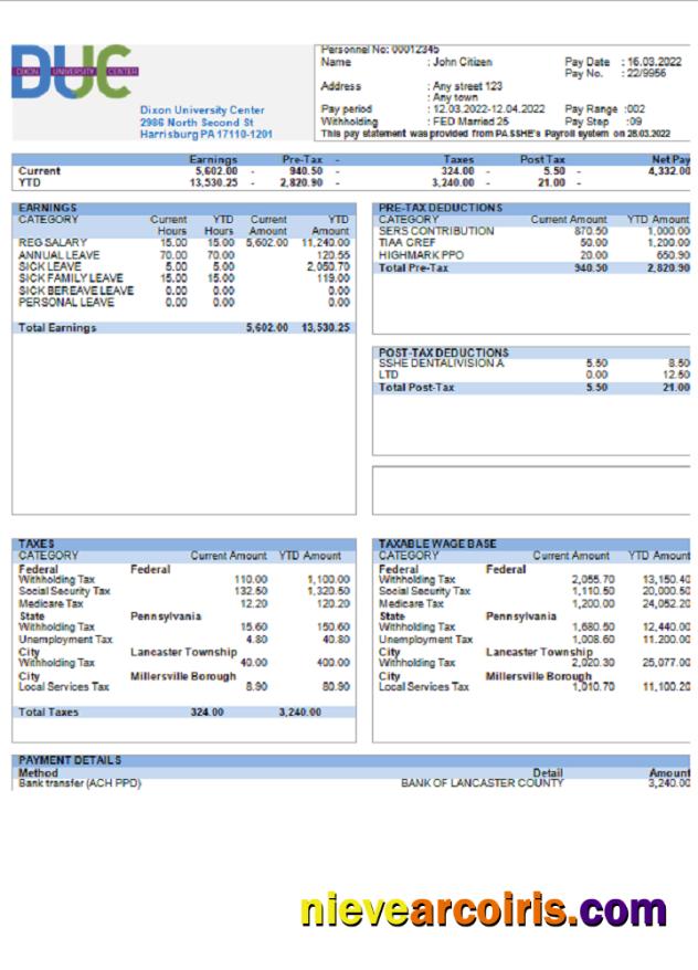USA Dixon University Center educational company pay stub